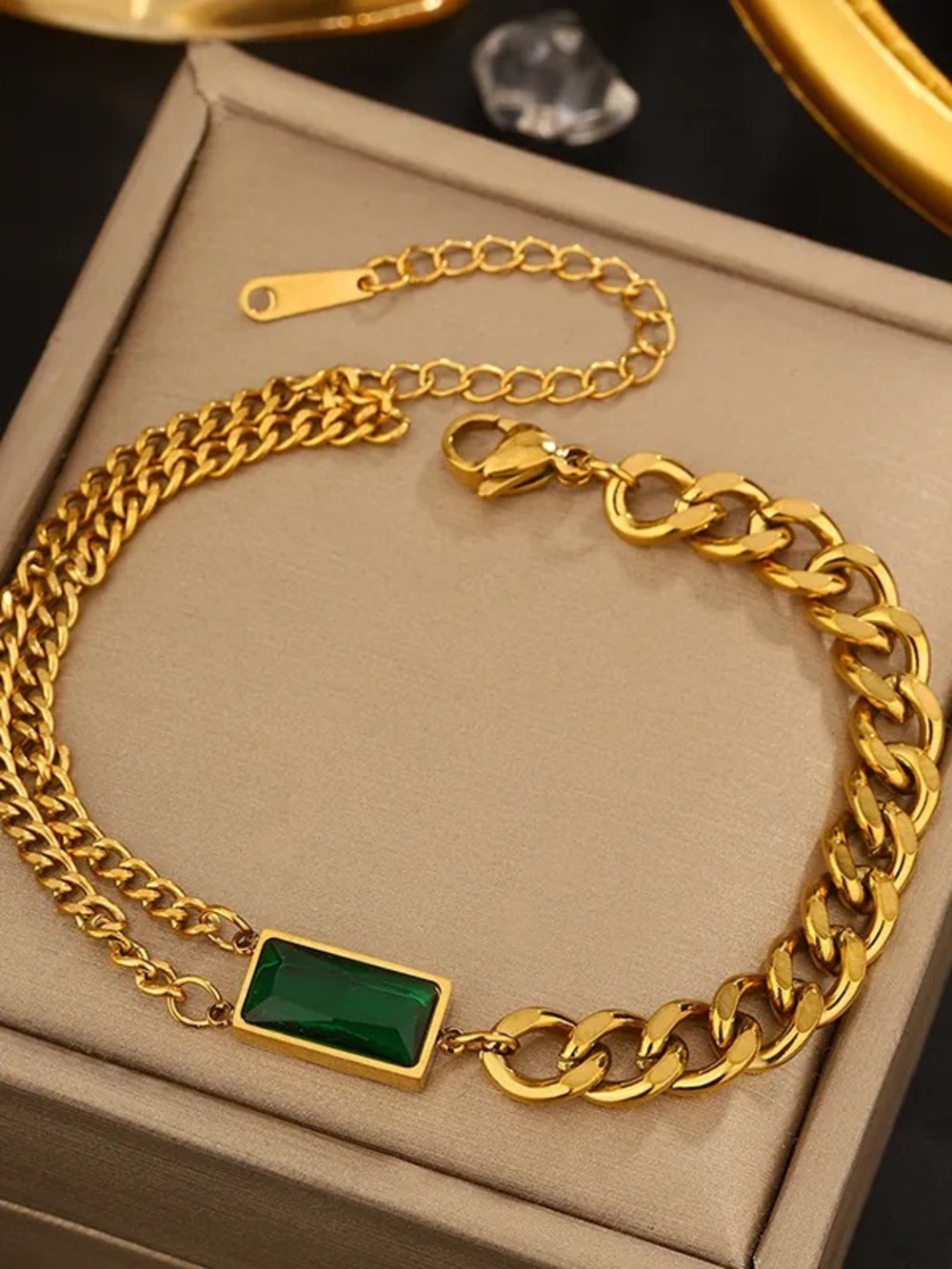 Gold-Tone Chain Bracelet with Emerald Green Stone